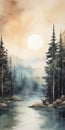 Smokey Landscape Watercolor Painting With Crescent Lake In Earth Tones