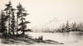 Smokey Northwest School Landscape: Delicate Watercolor Sketch Of Pine Trees By The Lake