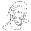 Smoking Bearded Man Portrait One Line Art. Laughing Male Facial Expression. Hand Drawn Linear Man Silhouette