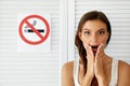 Smoking. Beautiful Woman With No Smoking Sign On Background Royalty Free Stock Photo