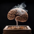 the smoking brain of a smoker stands in a wooden ashtray, on a dark background