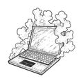 Smoking broken laptop sketch vector illustration