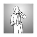 smoking businessman with suspenders or braces using desk telephone vector illustration doodle sketch hand drawn with black lines