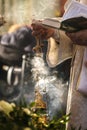 A metal vessel used in the liturgical practice of the Orthodox and Catholic Churches to perform incense