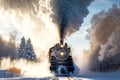 Smoking diesel locomotive with Polar Express Train travels by rail to station