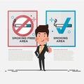 Smoking free area and smoking area sign with smart businessman showing thumbs up. character design - illustration Royalty Free Stock Photo