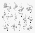 Smoking fumes line icons. Vector smoke smell spiral scent signs Royalty Free Stock Photo