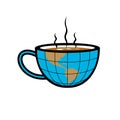 Smoking Hot Cup of Coffee with Half the Globe World Map Retro Style