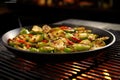 smoking hot grill wok with fresh brussels sprouts