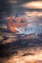 Smoking jack o\' lantern in the forest