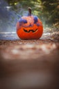 Smoking jack o\' lantern in the forest