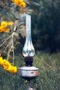 A smoking old kerosene lamp on a green grass. Royalty Free Stock Photo