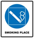 Smoking permited in this place icon. Smoking area. Round blue sign with white pictogram and black text. illustration