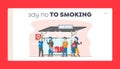 Smoking in Public Place, Bad Habit Landing Page Template. Male Characters Smoke near Prohibited Sign on Bus Stop Royalty Free Stock Photo