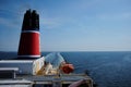 Smoking chimney and lifeboat on the ferry to Norway Royalty Free Stock Photo