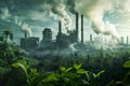 Smoking stacks and vapor from the cooling towers and plants. Decarbonisation technological solution. Sustainable climate Royalty Free Stock Photo
