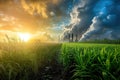 Smoking stacks and vapor from the cooling towers and plants. Decarbonisation technological solution. Sustainable climate Royalty Free Stock Photo