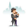 Smoking Victorian Gentleman Umbrella Cartoon Character Icon on Stylish English City Background Retro Vintage Great