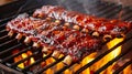 Smoky american bbq ribs sizzling on grill, with succulent meat cooking over natural charcoal fire. Royalty Free Stock Photo