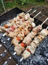 Smoky barbecue on the grill outside. The meaty taste of spring