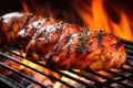 smoky barbecue scene with pork loin sizzling on grill