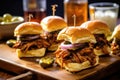 smoky bbq pulled pork sliders with pickles and onions Royalty Free Stock Photo