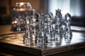 smoky and clear glass chess pieces on a board Royalty Free Stock Photo