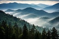 Smoky cloudy mountains trees. Generate AI