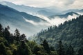 Smoky cloudy mountains trees landscape. Generate AI