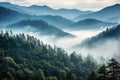 Smoky cloudy mountains trees vacation. Generate AI