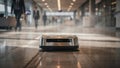 Smoky depth of field captures a small robotic unit methodically vacuuming a welllit concourse walkway the machine Royalty Free Stock Photo