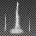 Smoky effect after the rocket. Smoke, steam on transparent background. Aircraft, condensation trail. Vector illustration.