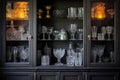 smoky glass cabinet holding crystal decanters