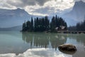 A smoky haze surrounds Emerald Lake