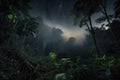 smoky jungle, with view of the stars above, at night