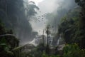 smoky jungle, with waterfalls and birds in the background