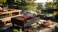 Smoky meat grilling for burgers. Fry on an open fire on the grill - bbq. Royalty Free Stock Photo