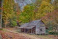 Smoky Mountain log cabin surrounded by fall colors Royalty Free Stock Photo