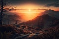 Smoky mountain sunset. Illustration Generative AI Royalty Free Stock Photo