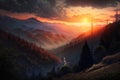 Smoky mountain sunset. Illustration Generative AI Royalty Free Stock Photo