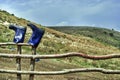 Smoky Mountains with fence in foreground. Caucasus Mountains Azerbaijan. Blue sky