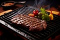 Smoky Sizzling steak grill with herbs. Generate ai