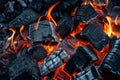 Smoldering Barbecue Charcoal Texture Background, Hot Fire Charcoal Banner, Burn Wood Grill Flame Royalty Free Stock Photo