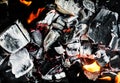 Smoldering embers of fire, live coals, burning charcoal in the background texture, closeup, glowing coal Royalty Free Stock Photo