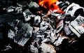 Smoldering embers of fire, live coals, burning charcoal in the background texture, closeup, glowing coal Royalty Free Stock Photo