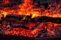 Smoldering embers of fire, live coals, burning charcoal in the background texture, closeup, glowing coal Royalty Free Stock Photo