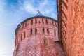 Smolensk January 2015 Russia. Red big tower multifaceted bottom-up view on sky background