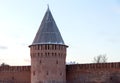 Smolensk Kremlin part of the old fortress wall thunder tower with a wooden roof
