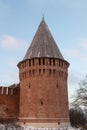 Smolensk Russia January 2015. Brick round tower with a triangular wooden roof against the sky