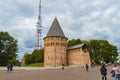 Smolensk, Russia â 09.17.2022: View of the Thunder Tower with the Smolensk TV Tower in the background. Walking people